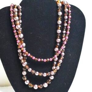 Premier Designs Triple Strand Brown/Purple Glass Bead Toggle Latch 20" Necklace